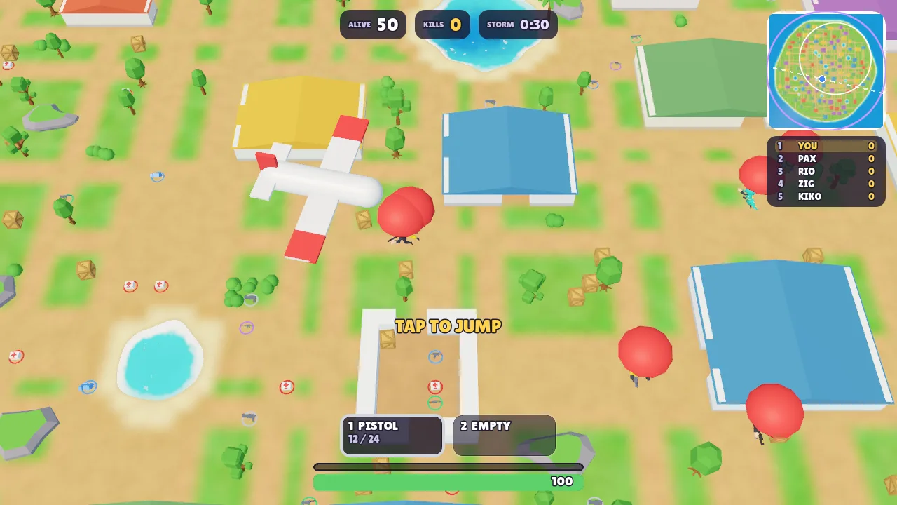 Players parachuting from the plane over the island